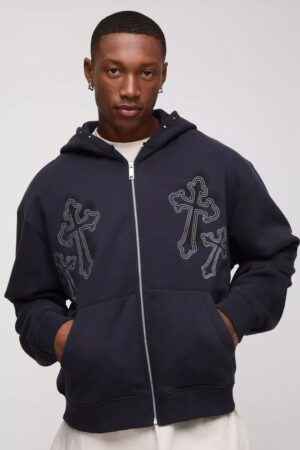 Oversized Boxy Cross Embroidered Zip Through Hoodie