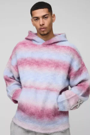 Boxy Fit Ombre Stripe Brushed Knit Cross Hoodie