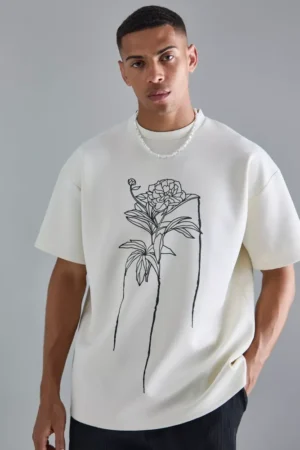 Oversized Floral Line Drawing Scuba T-shirt