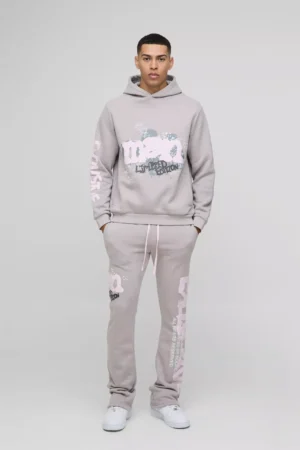 Regular Fit Man Graphic Flared Stacked Hooded Tracksuit