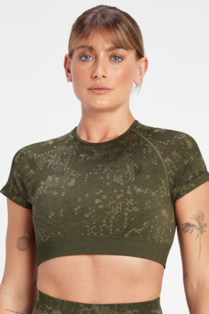 Seamless Pattern Crop Top – Olive Green