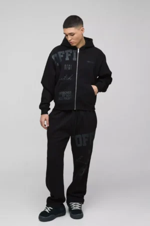 Oversized Boxy Official Tonal Print Zip Hooded Tracksuit