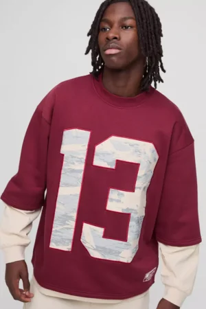 Oversized Half Sleeve Faux Layer 13 Applique Sweatshirt