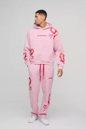Oversized Boxy All Over Heart Printed Hooded Tracksuit