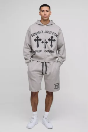 Oversized Worldwide Cross Zip Hooded Short Tracksuit